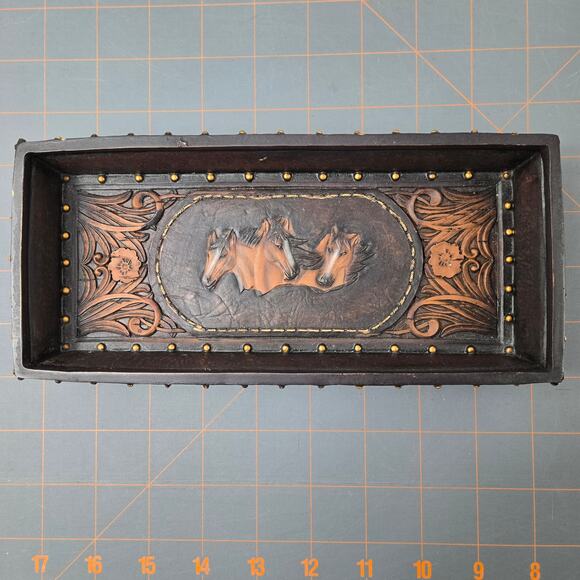 Faux Tooled Leather Western Horse Studded Trinket Tray Silver Conchas - Picture 3 of 14